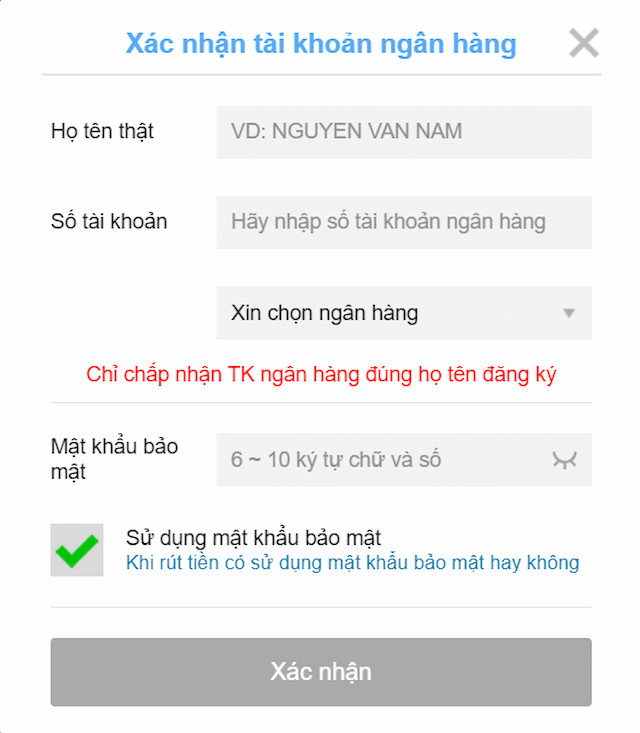 Xác nhận tài khoản ngân hàng